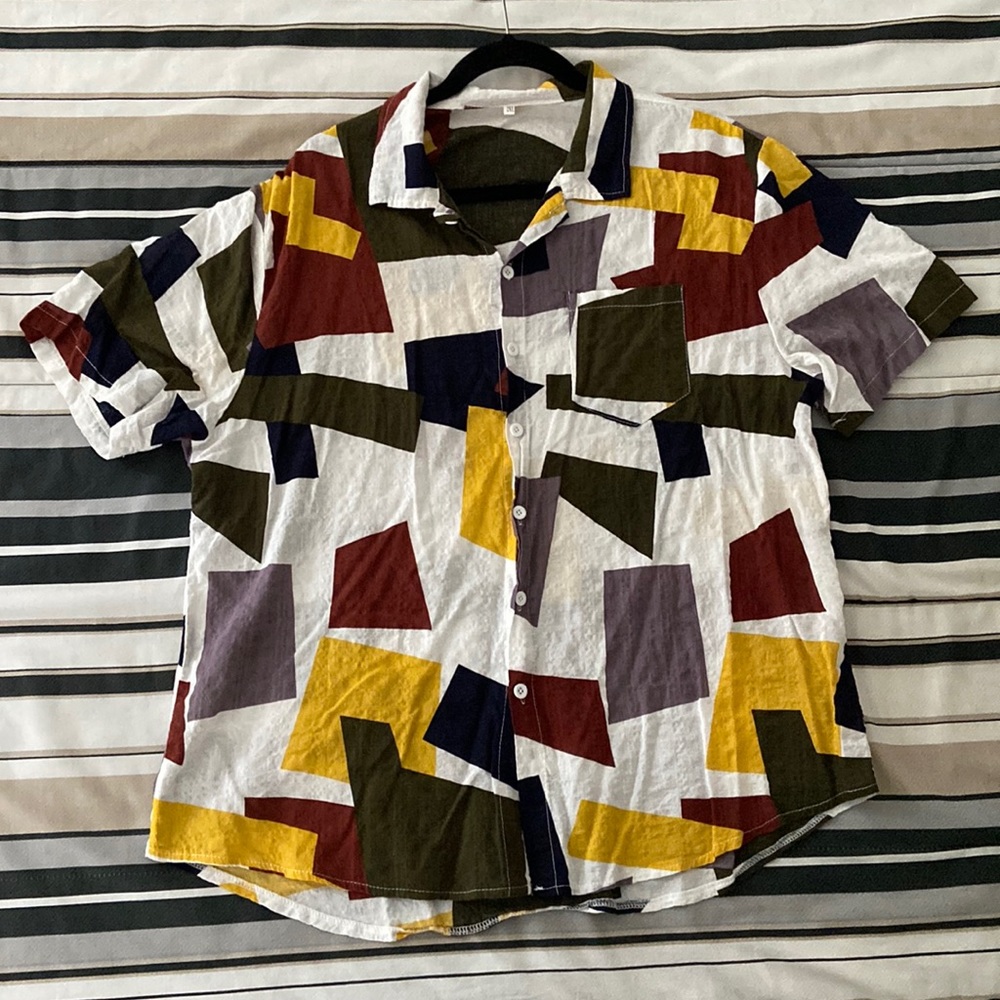 Retro Geometric Abstract Colorblock Button Down Shirt - 2XL